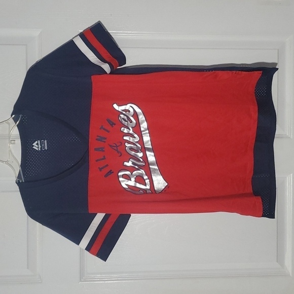 Majestic Atlanta Braves MLB Baseball Fan Jersey Knit V-neck Top Medium - Picture 1 of 9